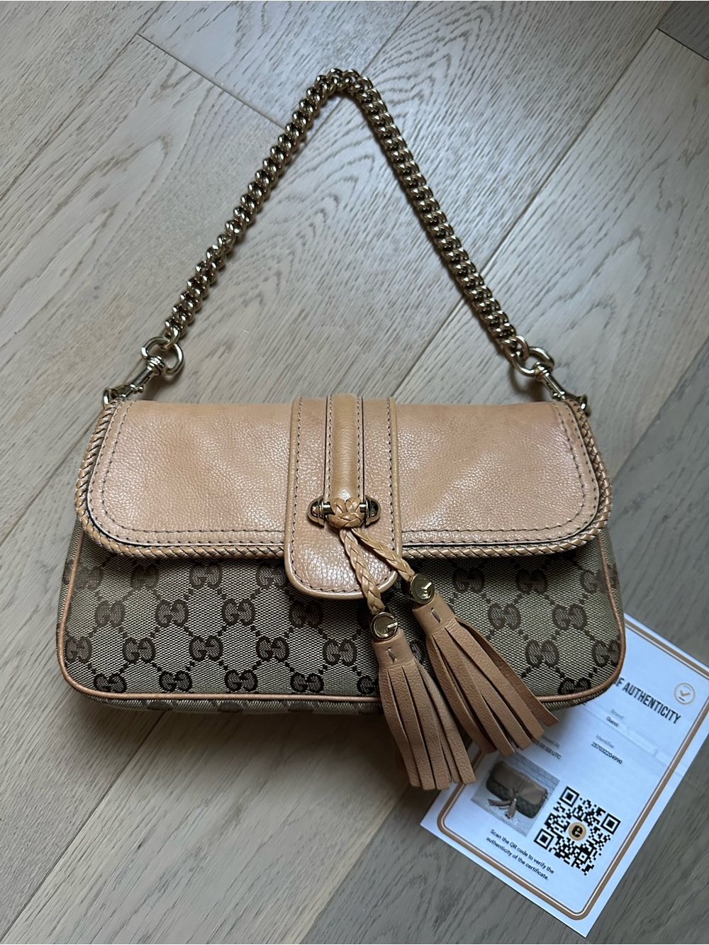 Gucci Marrakech GG Monogram Tassel Baguette Chain Shoulder Bag Entrupy COA